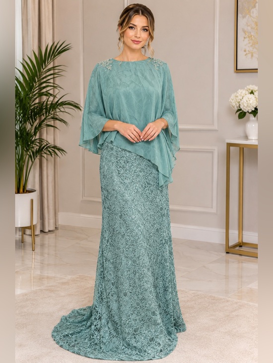 Beginning Boutique Dresses & Skirts - Elegant Lace Maxi Sparkling dress with Chiffon Overlay - Teal. With a back zip.